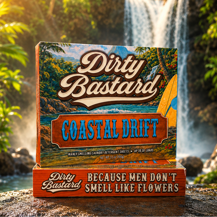 Product packaging for 'Dirty Bastard Coastal Drift' against a scenic waterfall background