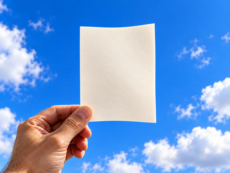 A hand holds up one laundry detergent sheet against a blue sky.