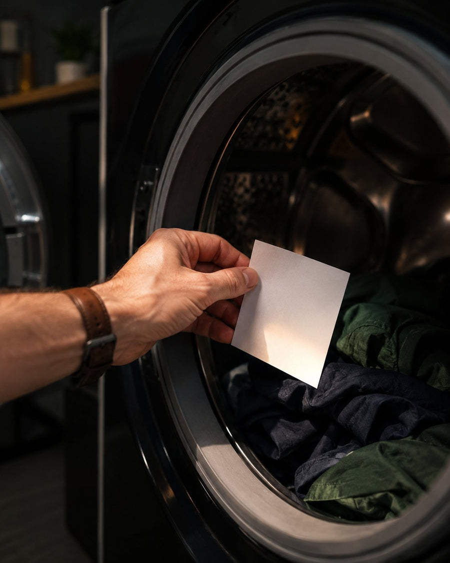 A hand drops one Dirty Bastard laundry detergent sheet into a washer drum.