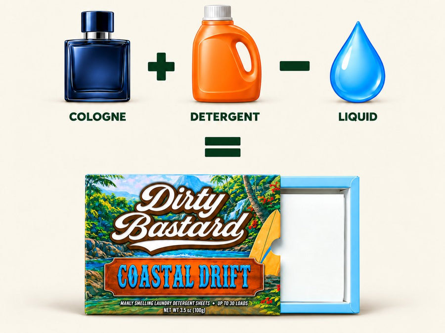 Cologne plus detergent minus the liquid equals one Dirty Bastard sheet. A box of Coastal Drift, open, with a sheet inside.