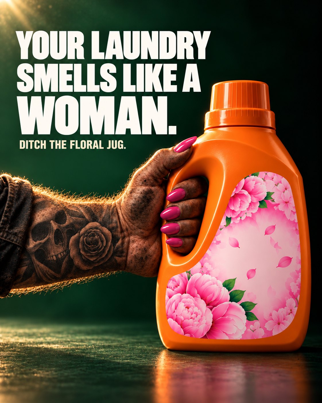Your laundry smells like a woman. Ditch the floral jug. A tattooed arm with pink painted nails holds an orange jug with a pink floral label.