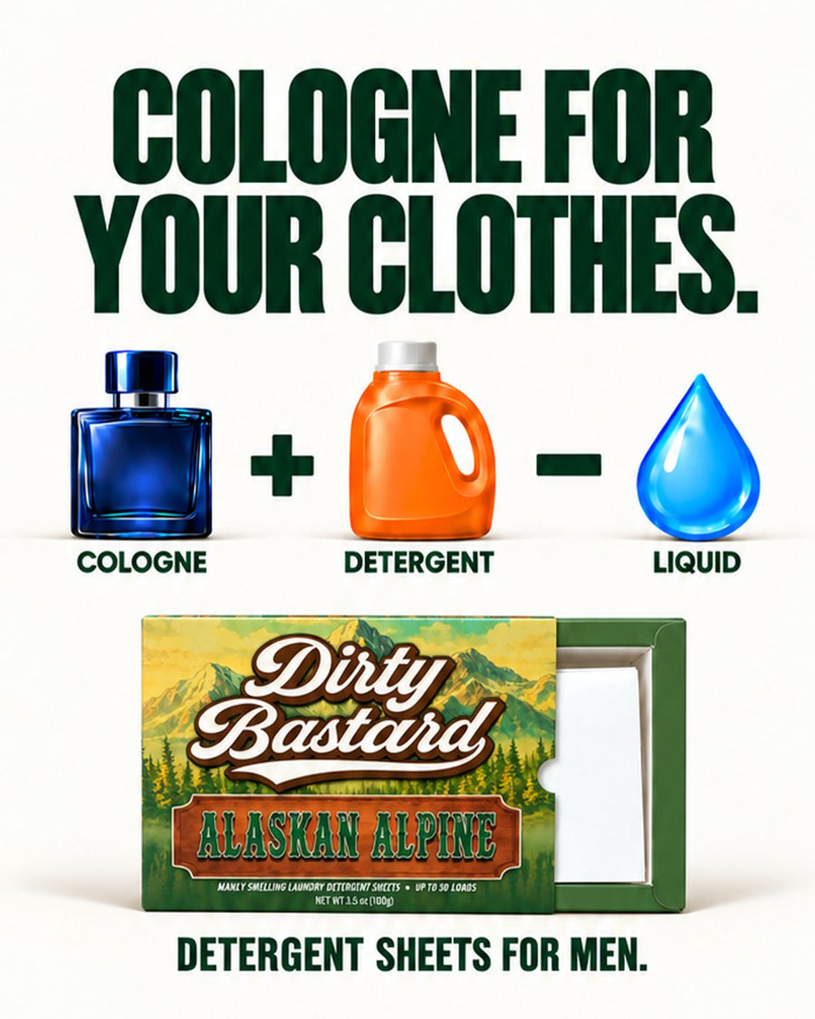 Cologne for your clothes: cologne plus detergent, minus the liquid, equals Dirty Bastard detergent sheets for men.