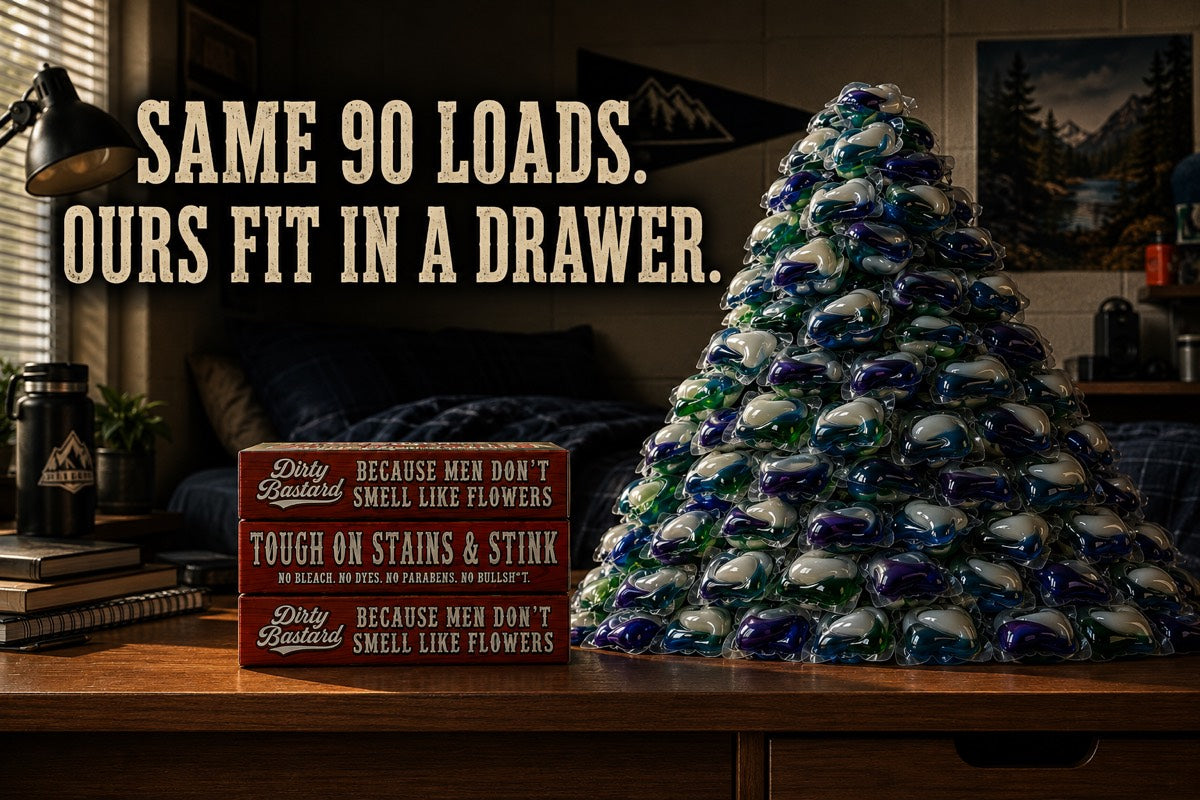 Same 90 loads. The Big Bastard Bundle is three slim boxes that fit in a drawer, next to a towering mountain of 90 bulky laundry pods.