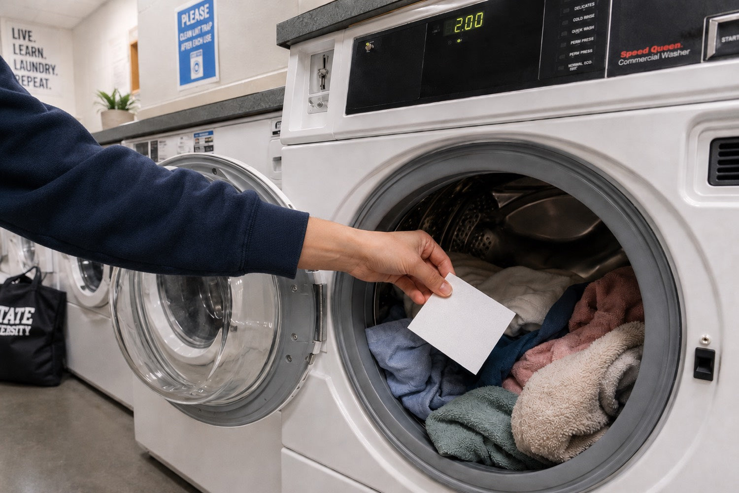 A hand dropping a single Dirty Bastard laundry detergent sheet into a front-load washer full of clothes in a college laundry room.